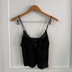 Black satin babydoll cami top with lace trim and self covered buttons